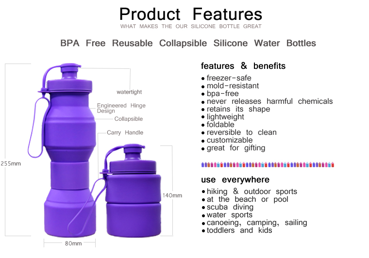 What makes our silicone water bottle great?the features of our collapsible silicone water bottles:BPA free,food grade silicone, non-toxic, no smell,never release harmful chemicals;Collapsible,save space,portable;Light weight;Large bottleneck,reversible to clean;customizable;great for gift.