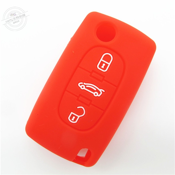 Peugeot car key covers, silicone car key case, good toughness car key protector, red, three buttons