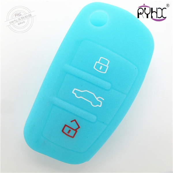 Q7 car key cover,glow blue in the dark,3 buttons,with logo,debossed design,silicone.