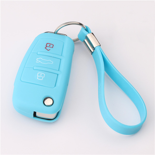 Sky-blue Audi siliocne key cover with keychain
