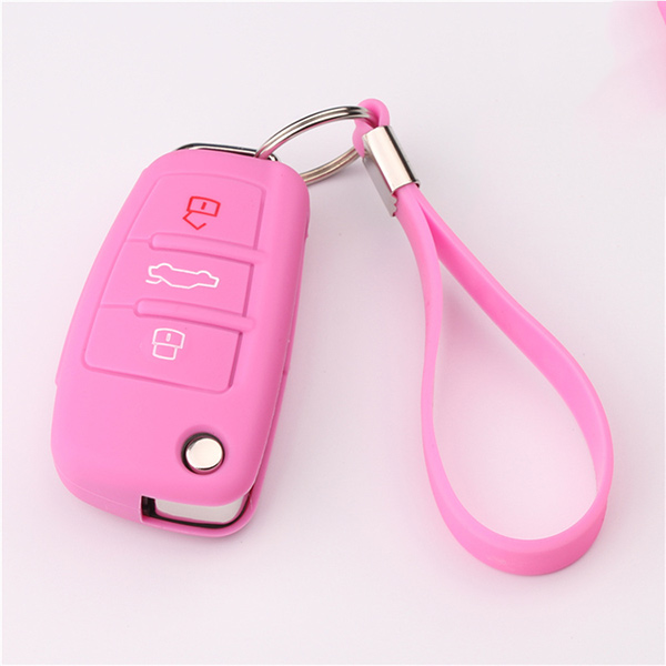 Pink Audi siliocne key cover with keychain