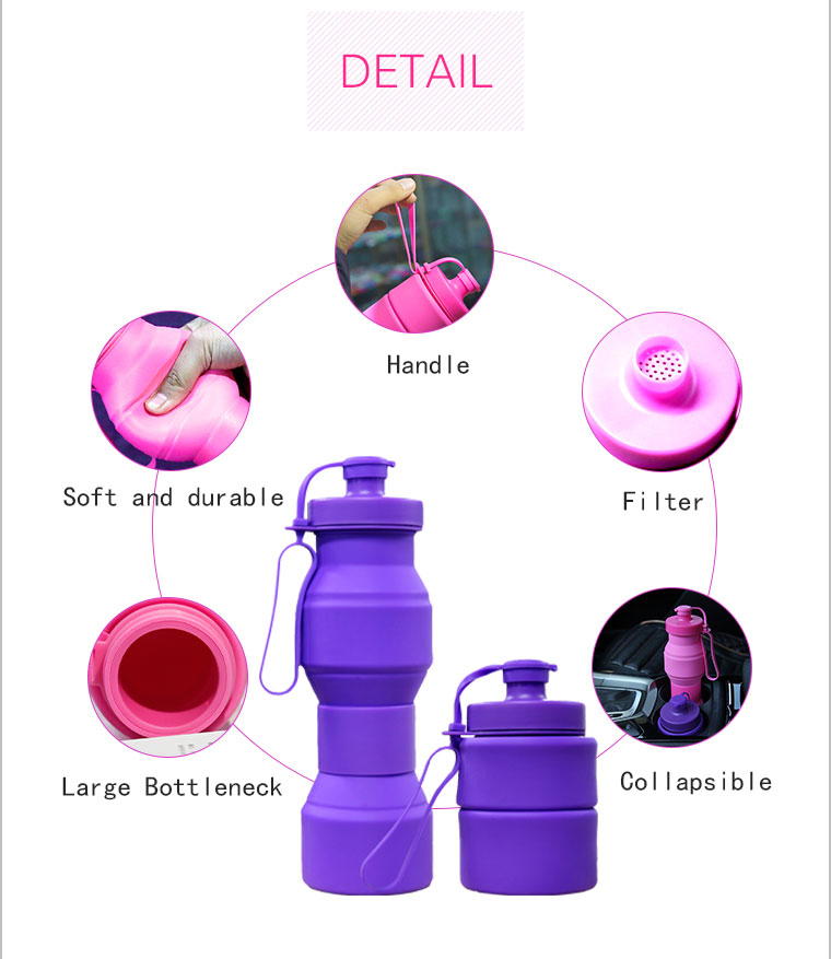 the detail of foldable silicone water bottle-handle,filter,soft and durable,collapsible,large bottleneck