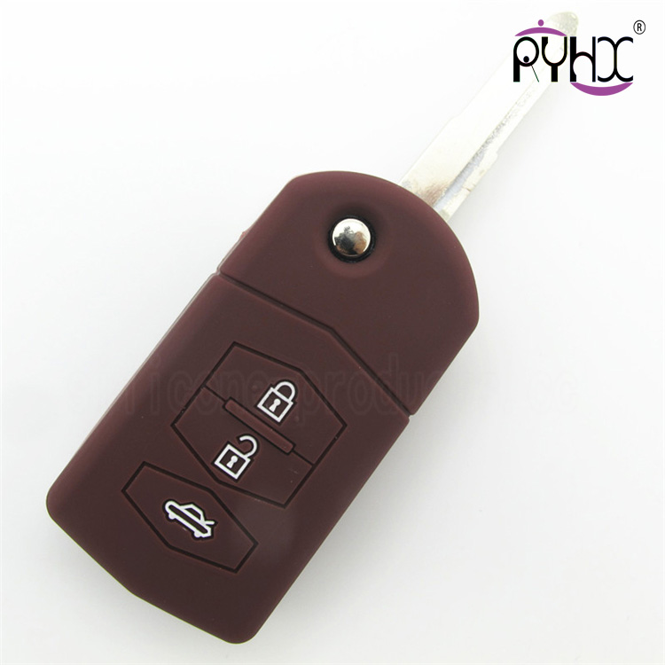 Mazda silicone auto key covers, cheap car key silicone case, excellent key silicone bag for Mazda, Mazda 3 buttons key silicone protector, brown