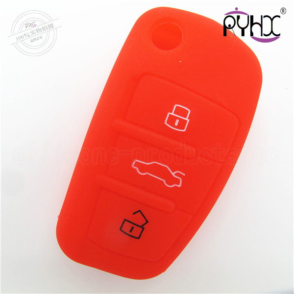 Q7 car key cover,glow blue in the dark,3 buttons,with logo,debossed design,silicone.